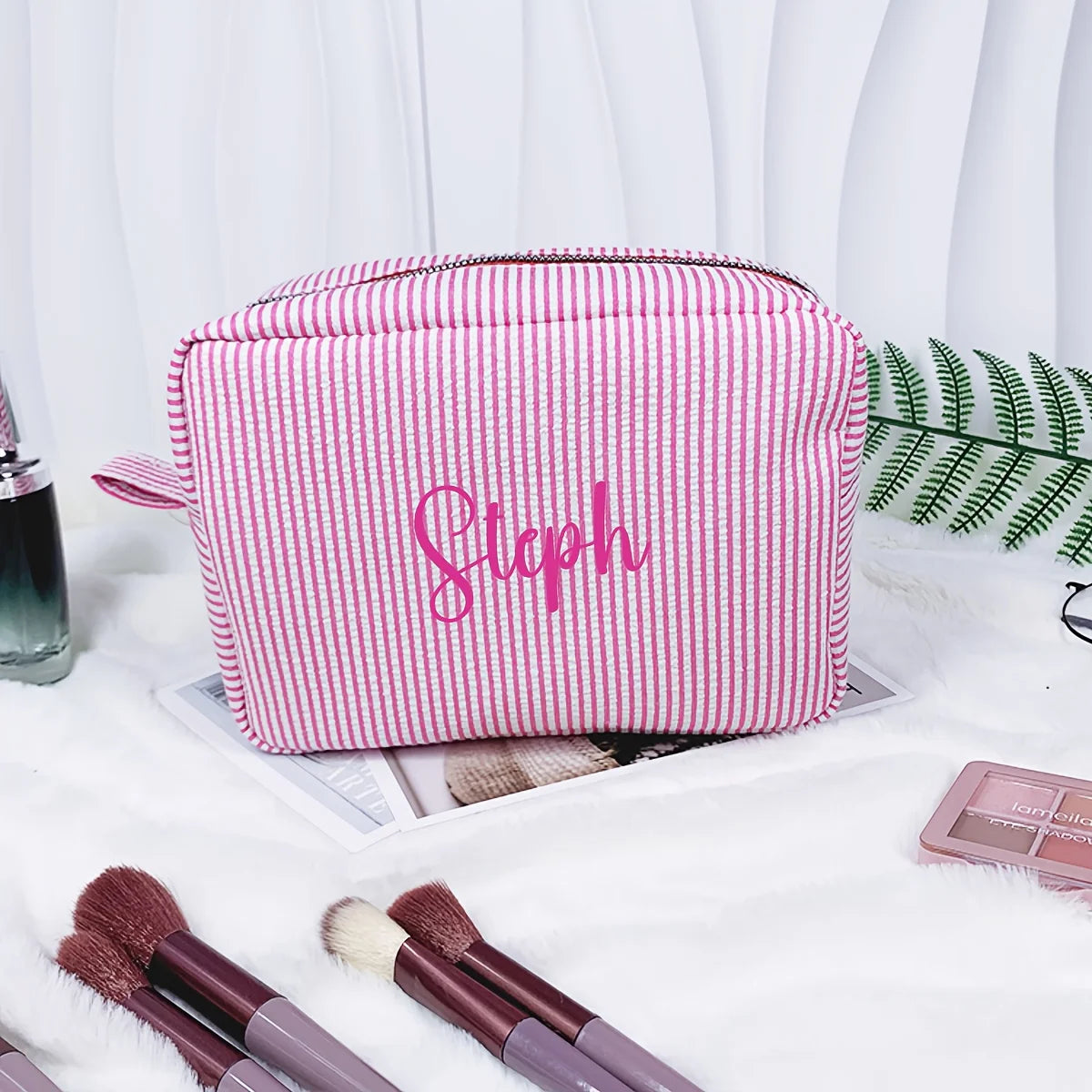 Custom Name Embroidered Makeup Bag Striped Cosmetic Pouch Travel Toiletry Organizer Large Capacity Zipper Pencil Case Gift Women
