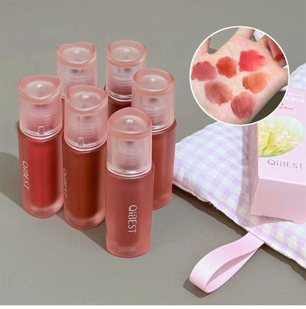 QIBEST 6 Colors Matte Liquid Lipstick Velvet Durable Lip Gloss Sexy Red Lip Stain Makeup Waterproof Lasting Lip Mud Cosmetics
