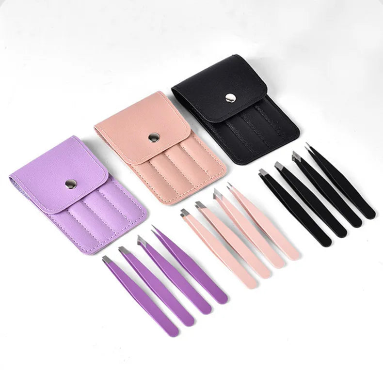 1/4pcs Stainless Steel Tweezers Kit Eyebrow Eyelash Tweezers with Storage Bag Hair Removal Tweezers for Beauty Salon&Home Use