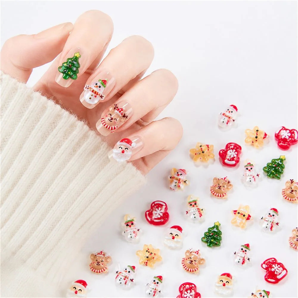50Pcs 3D Cartoon Christmas Resin Nail Charms Santa Snowman Xmas-Tree Reindeer Mitten Bell Ornaments DIY Nail Ornament Supplies