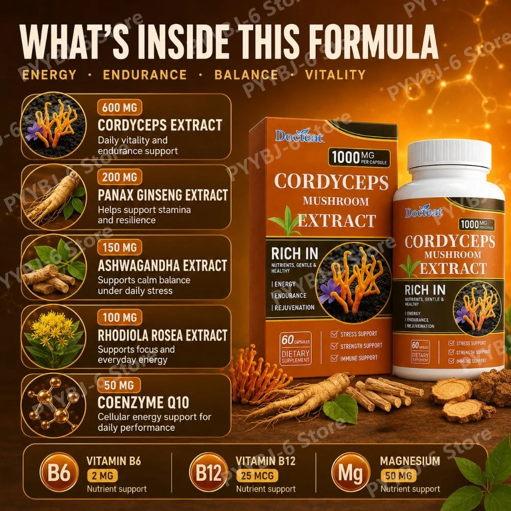 Docteat Cordyceps Mushroom Extract Capsules with Energy Mental Clarity Stress Balance Support Daily Vitality, 60 Capsules