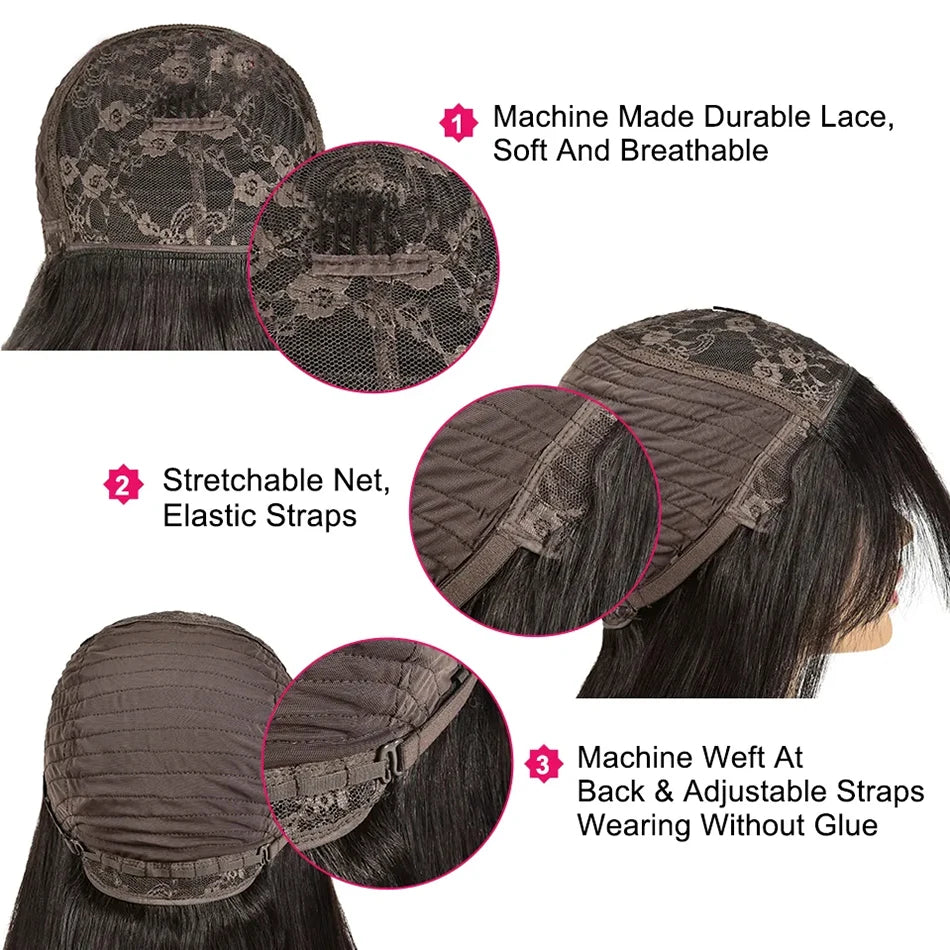 Silky Straight Human Hair Wigs With Bang Full Machine Made Wigs 8-30inch Natural Color AHJF Peruvian Remy Human Hair Wigs 220%