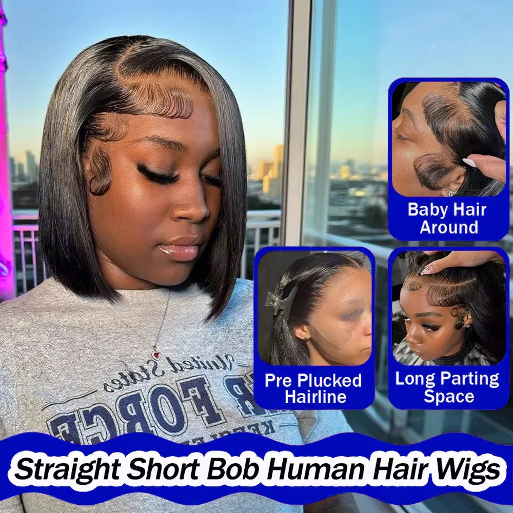 13x6 HD Lace Frontal Short Bob Wig Bone Straight Lace Front Wig Double Drawn Human Hair Wigs Preplucked Real 250 Density Natural Hairline Human Hair Wig 3 Days Delivery