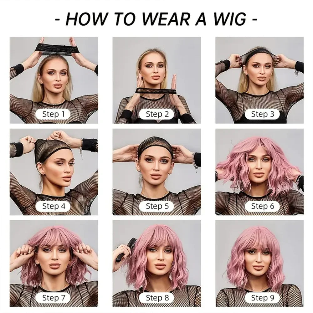 Snoya 35cm Synthetic Short Bob Straight Hair with Trimmable Bangs Lolita Pink Green Blonde Red Cosplay Wigs for Women+Wig Cap