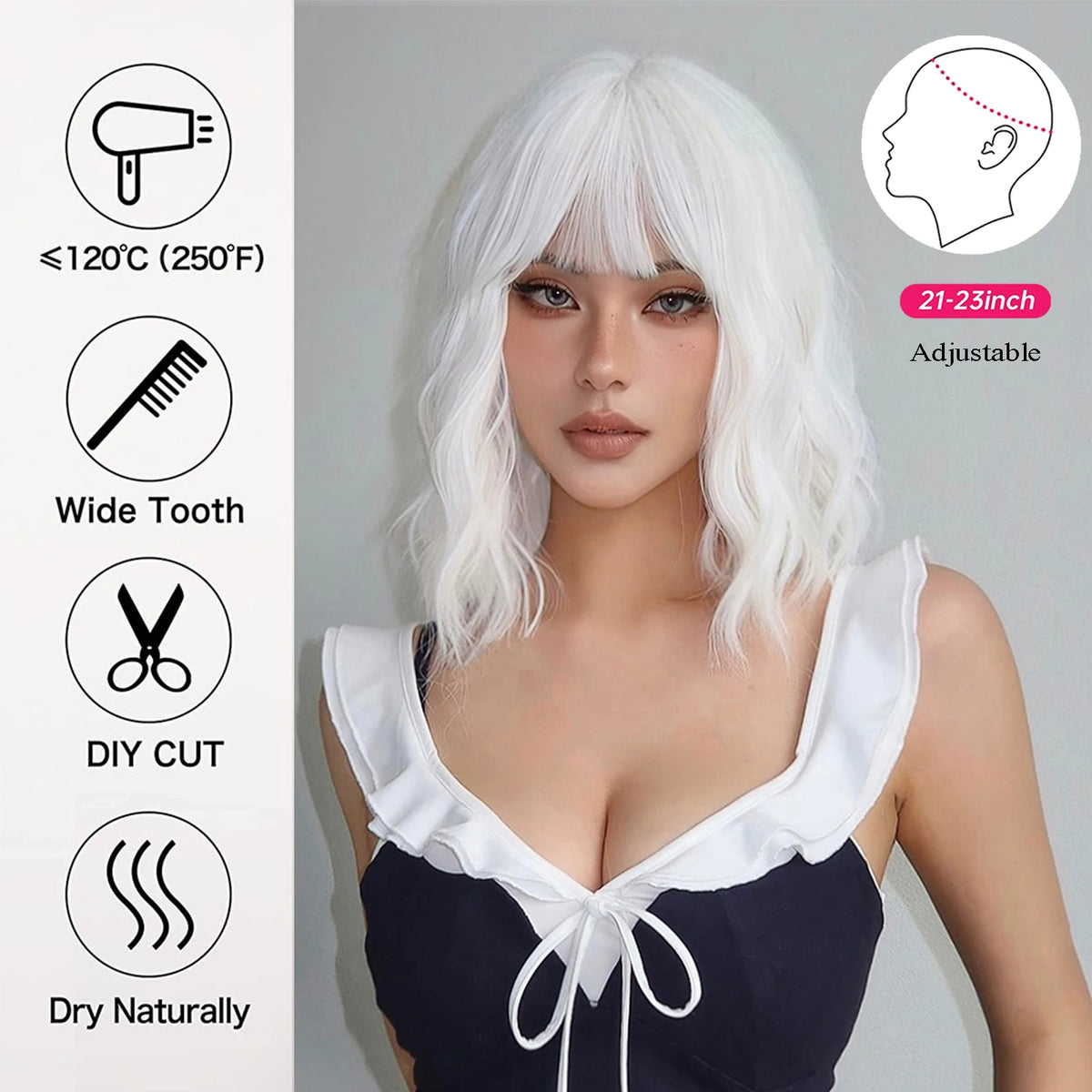 EASIHAIR Short White Bob Synthetic Wigs Short Wavy Lolita Natural Hair Wigs with Bangs for Women Heat Resistant Cosplay Wig