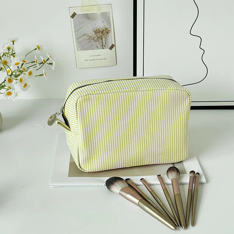 Personalized Striped Cosmetic Bag with Custom Text Embroidery Portable Travel Wash Bag Storage Pouch for DIY Makeup Skincare