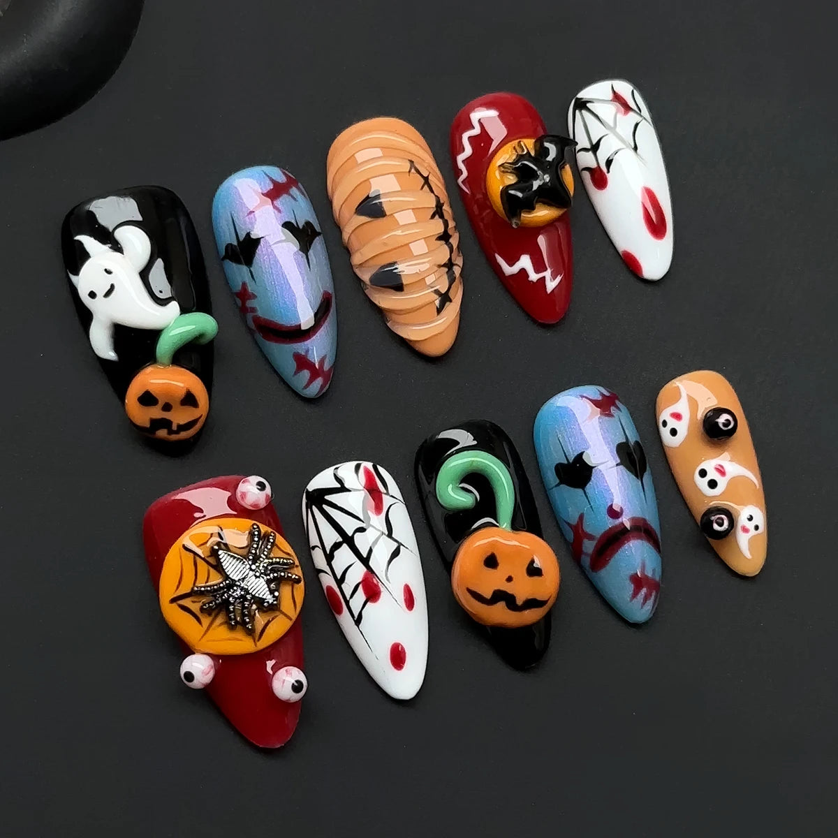10pcs/Set Handmade Acrylic Press on Nails Mid-Length Almond Nails, Halloween Nails, 3D Pumpkin Spider Bat Ghost Fake Nails