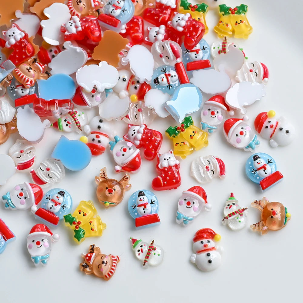 50pcs 3D Kawaii Snowman Elk Santa Claus Nail Art Rhinestones 10mm Resin Christmas Nail Charm Jewelry Flatback Xmas Holiday Nails