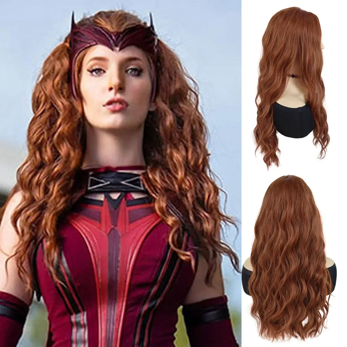 Synthetic Red Long Hair Witch Cosplay Wigs for Women Middle Part Wig Curly Wavy Wig Natural Looking Party