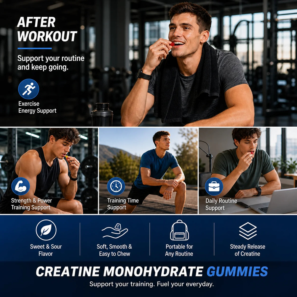 Docteat Creatine Monohydrate Gummies for Energy Support and Workout Recovery, Non-Sticky Sweet-Sour Chew, Easy Carry, 80 Gummies