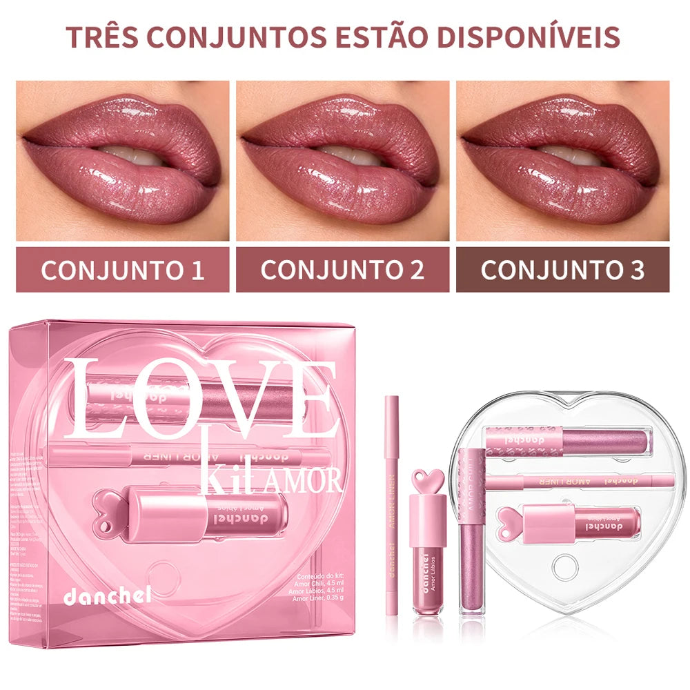 Christmas Gift For Women Lip Makeup Set 3Pcs Lip Cosmetic Kit Heart Shape Plumper Lip Gloss Lip Line Longwear Hydratin