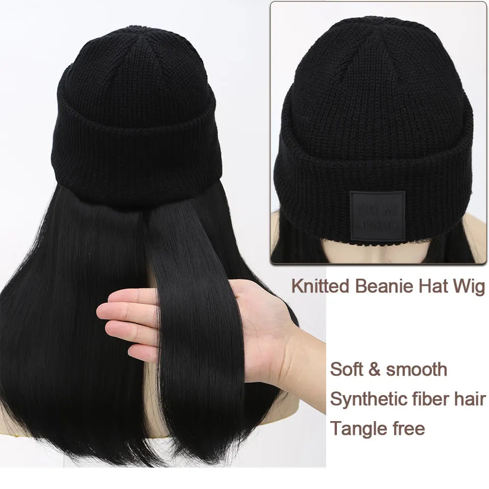 Hat Wig Knitted Beanie Wig Hat Hair Extension 11''18'' Long Wavy Curly Black Hat Wig Synthetic Hairpiece for Women Girls Winter