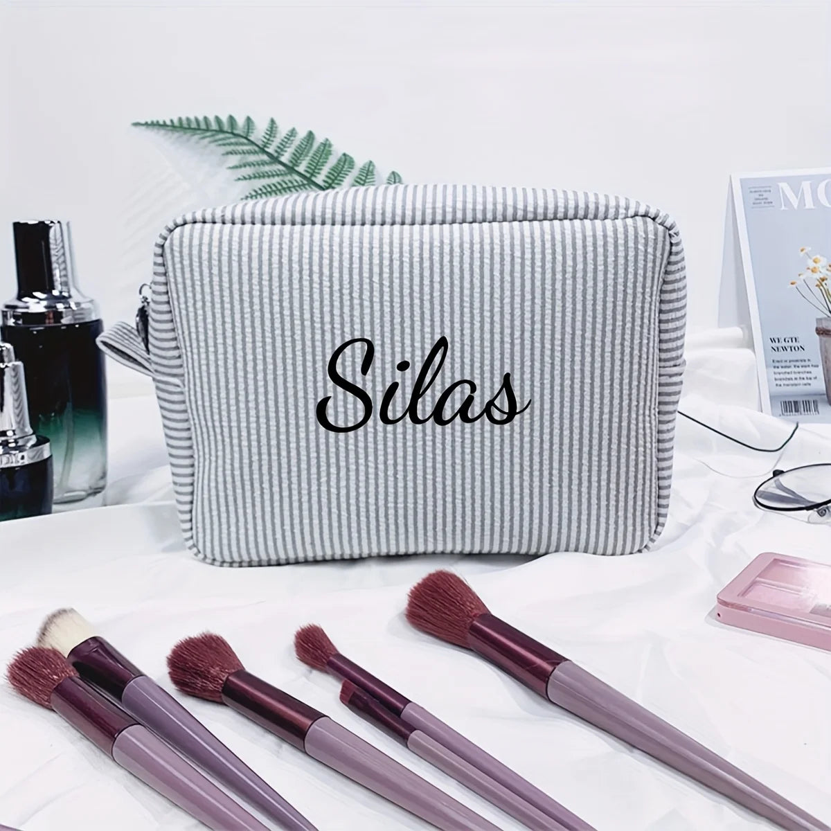 Custom Name Embroidered Makeup Bag Striped Cosmetic Pouch Travel Toiletry Organizer Large Capacity Zipper Pencil Case Gift Women