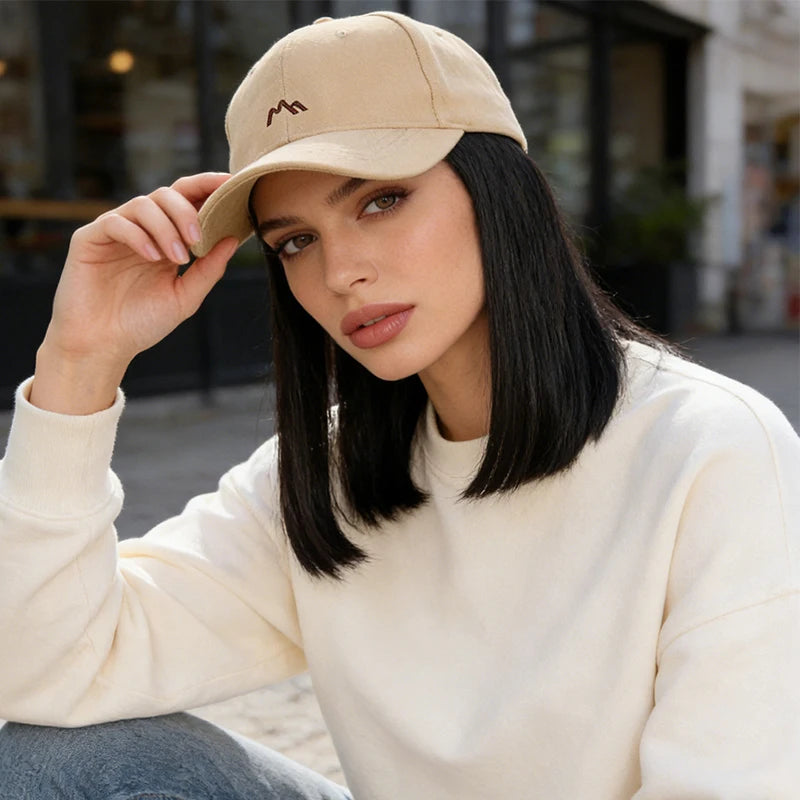 Beige Baseball Cap with 3D Mountain Embroidery + Synthetic Fiber Straight-Inner-Curl Wig – One-Piece Hair Hat for Effortless Dai