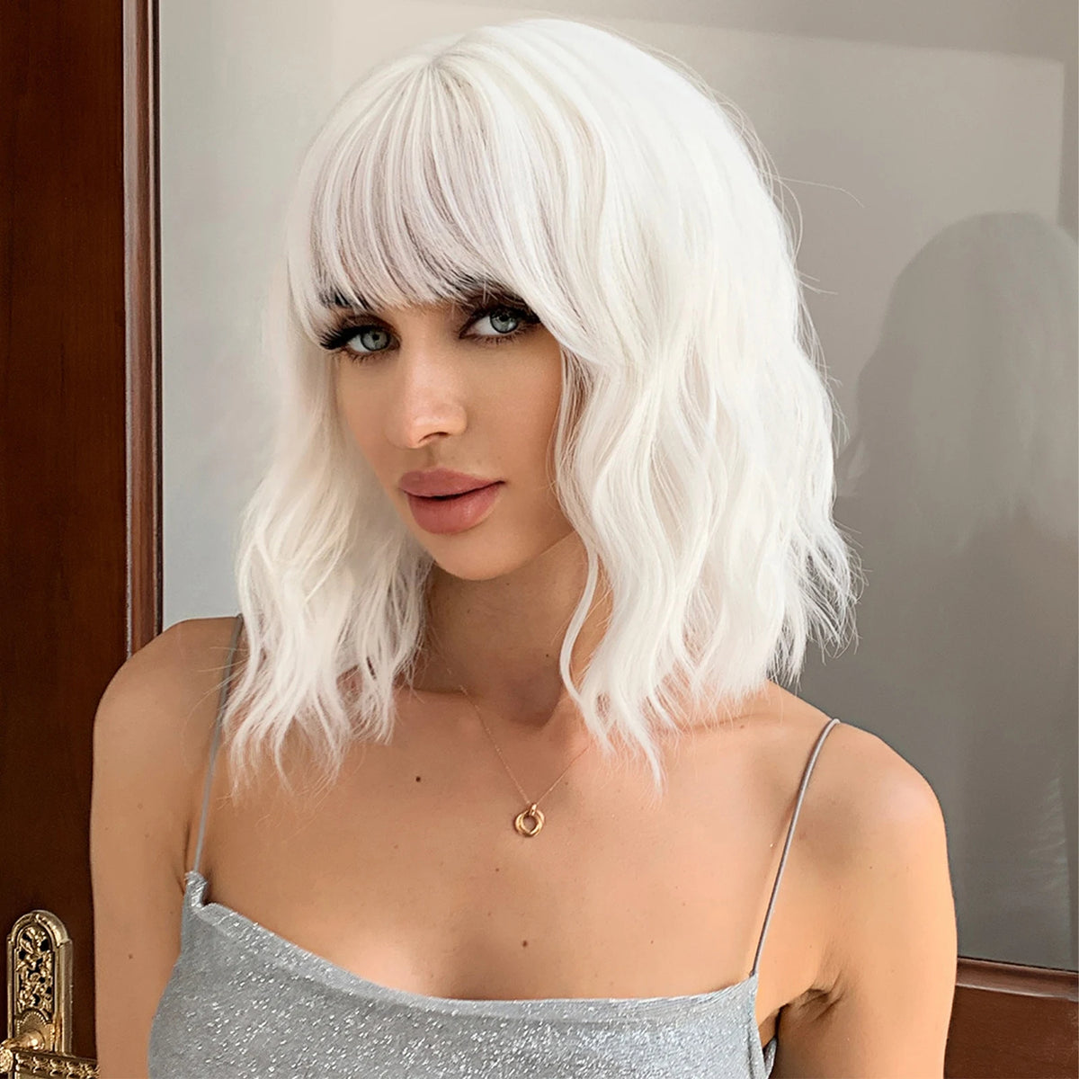 EASIHAIR Short White Bob Synthetic Wigs Short Wavy Lolita Natural Hair Wigs with Bangs for Women Heat Resistant Cosplay Wig
