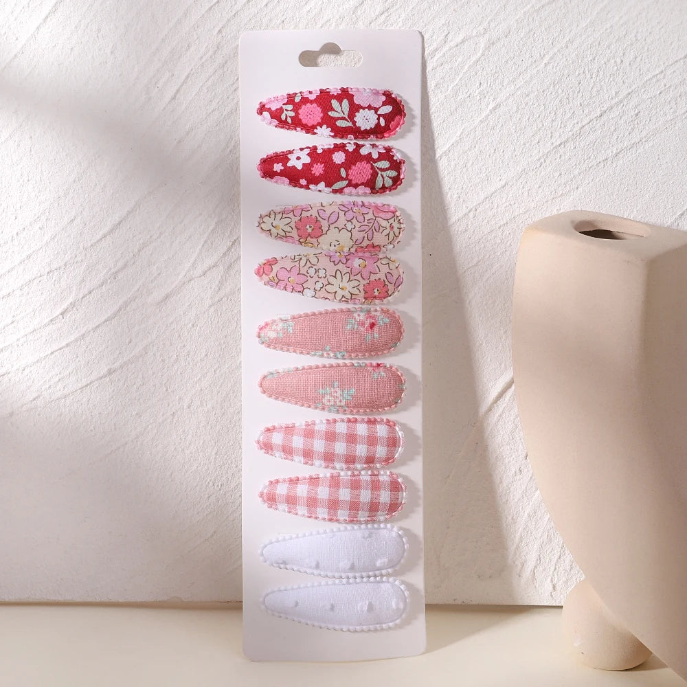 10Pcs/Lot Fresh Print Cotton Alloy Hair Clips for Kids Fabric Plaid BB Hairpins Girl Hairgripe Headwear Baby Hair Accessories