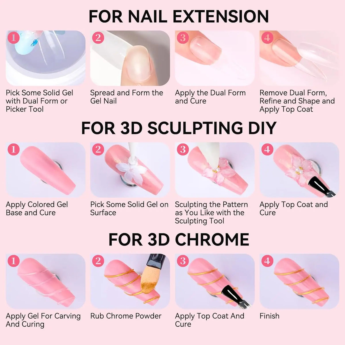 Makartt Solid Gel Builder: 4-in-1 Clear White Non-sticky for Extension 3D Sculpting Nail, UV Glue for Acrylic Tips, Rhinestones