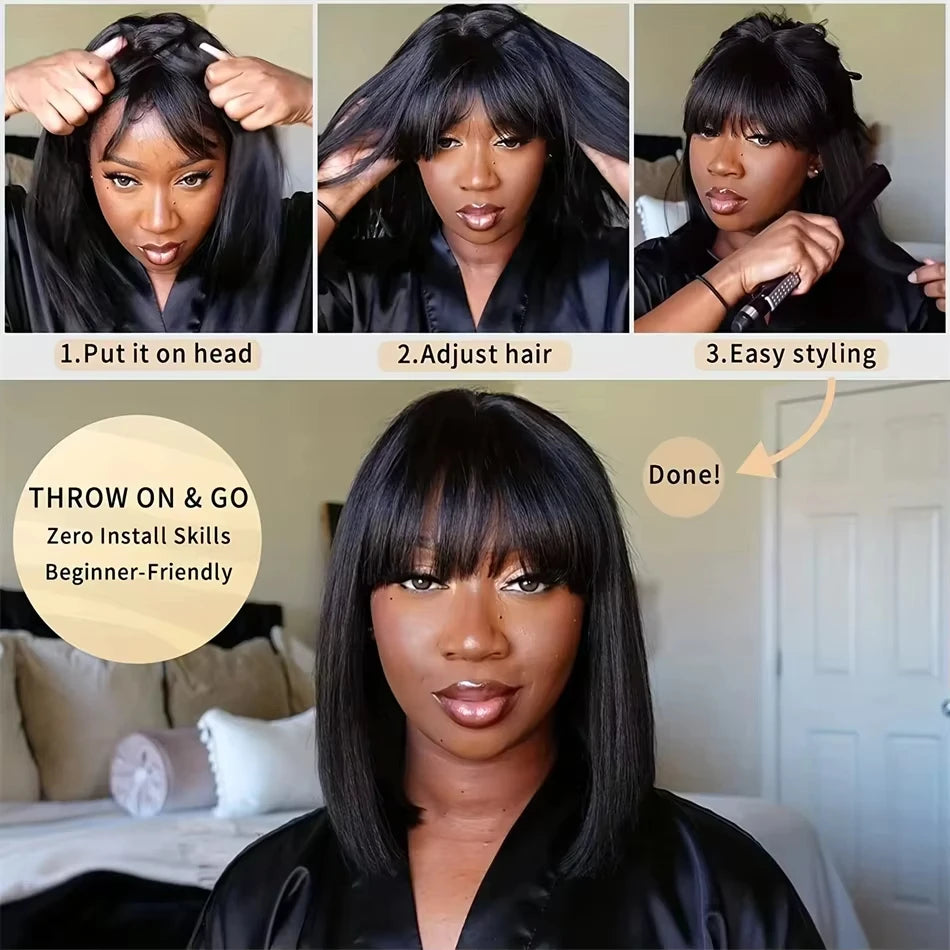 Rosslyn Straight Human Hair Wigs With Bangs 1b Black Wig Not Lace Natural Color Full Machine Wig From Brazilian Original