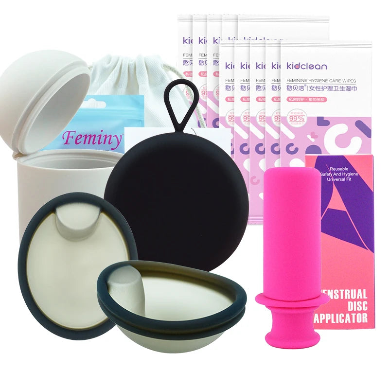 Feminy Menstrual Disc Kit Medical Grade Reusable Soft Silicone Period Disc with Sterilizer Case Applicator Leakproof Monthly Cup