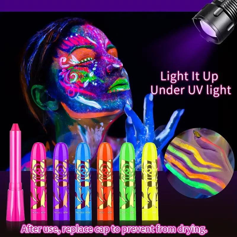 12 Pieces UV Neon Face Painting, Glow in the Dark Under UV Lights Face Painting Crayon SticksMardi Gras Party Halloween Makeup
