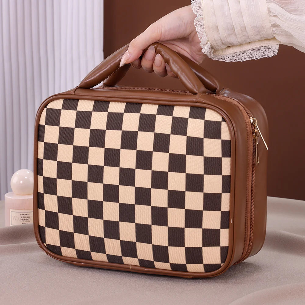 Luxury Checkered Cosmetic Bag For Women Large Capacity Waterproof Makeup Toiletry Bag Brown Melard Travel Wash Storage Bag
