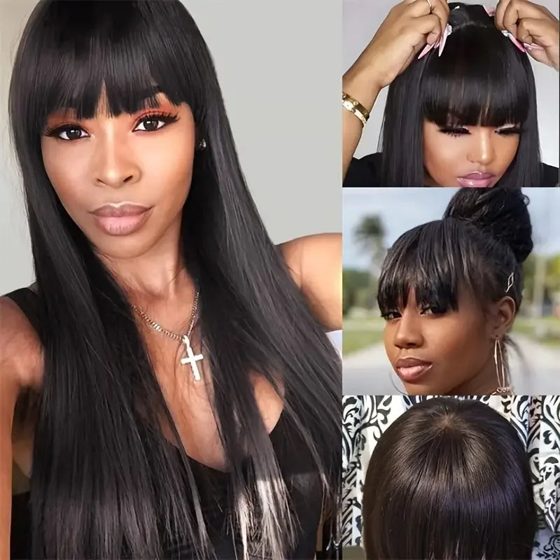 Peruvian 30 Inch Straight Full Machine Made Wig with Bang 180% Natural Human Hair Wig For Women Pre-Plucked Remy Hair Cheap Wig