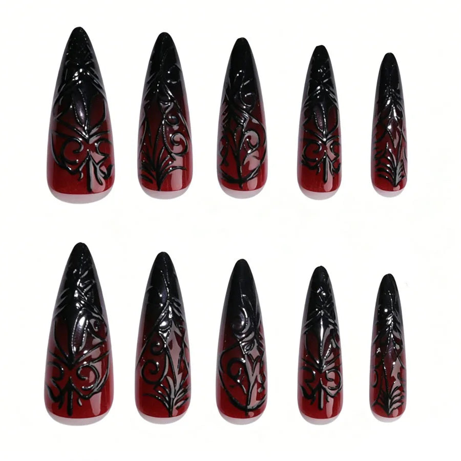 24Pcs Fake Nails Halloween-Themed Long Pointed Nails with Embossed Blood-Red Spider Web Gradient Design Press-On Nails