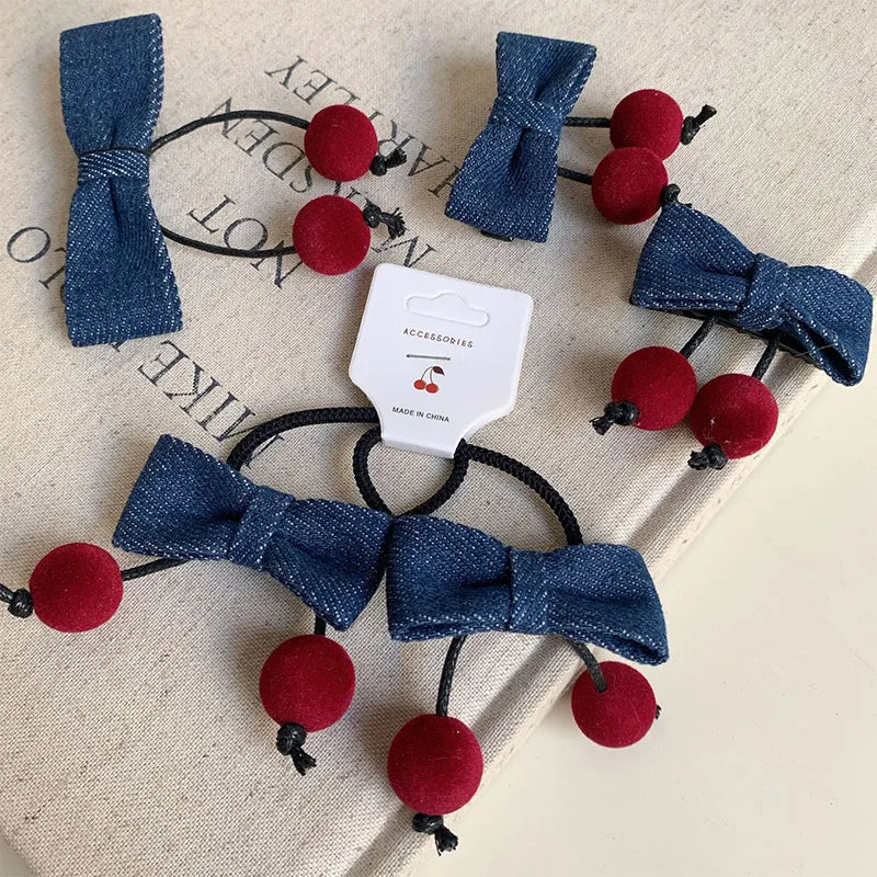 Winter Denim Fabric Cherry Bow Children's Hairpin Cute Girl Hair Band Christmas Decoration Headgear Hairpin New Year Gifts