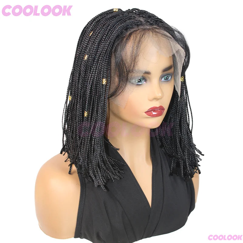 12" Short Braided Wigs For Women Synthetic Wig 6*6 Lace Braids African Wigs Cornrow Micro Black Wig