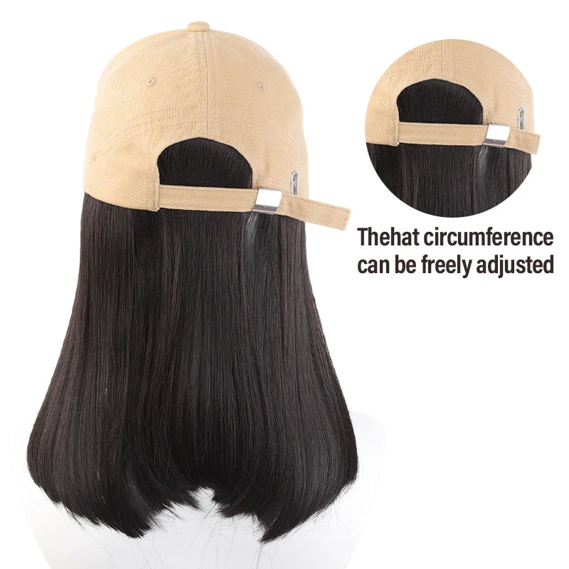 Beige Baseball Cap with 3D Mountain Embroidery + Synthetic Fiber Straight-Inner-Curl Wig – One-Piece Hair Hat for Effortless Dai