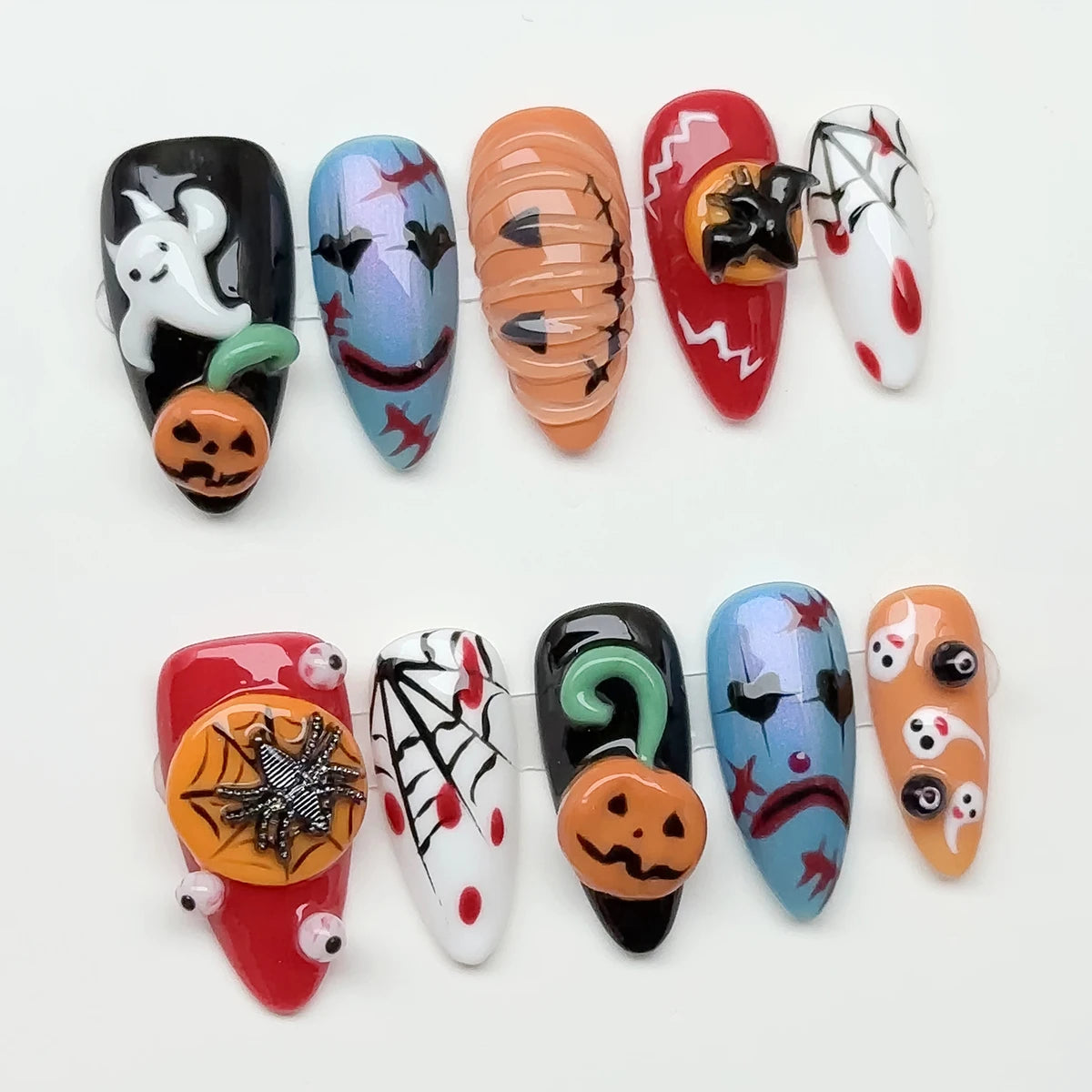 10pcs/Set Handmade Acrylic Press on Nails Mid-Length Almond Nails, Halloween Nails, 3D Pumpkin Spider Bat Ghost Fake Nails