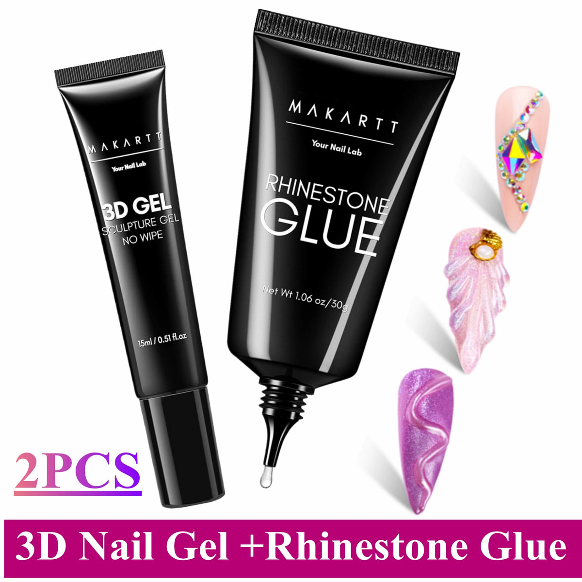 Makartt 3D Gel Nail Art – Clear & Noir Sculpting Gel for DIY Embossed Nail Designs – No Wipe Easy-Squeeze Tube Nail Glue