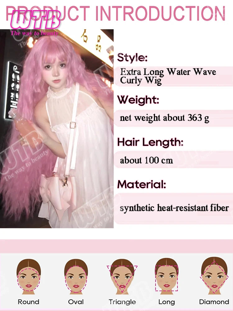 Synthetic Wig Pink Extra Long Wavy Curly Wig Lolita Wig with Bangs Suitable for Women to Wear for Holidays Parties and Cosplay