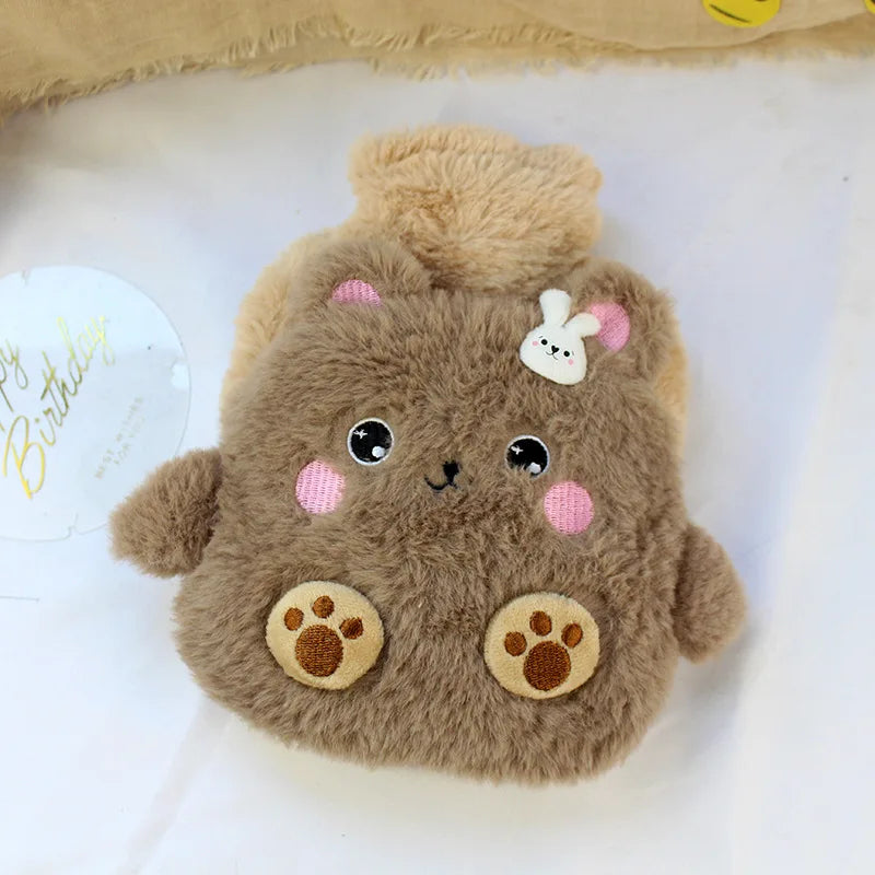 Cute Cartoon Plush Hot Water Bottle, Removable Plush Cover Thick Explosion‑proof PVC Hot Water Bag Hand Warmer for Winter