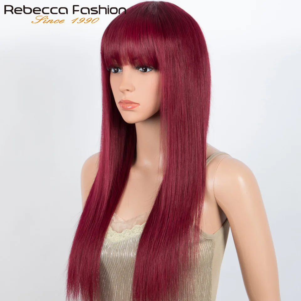 Brazilian Straight Human Hair Wigs With Bangs Burgendy Put On And Go 100% Remy Human Hair Wigs Full Machine Made Wigs For Women