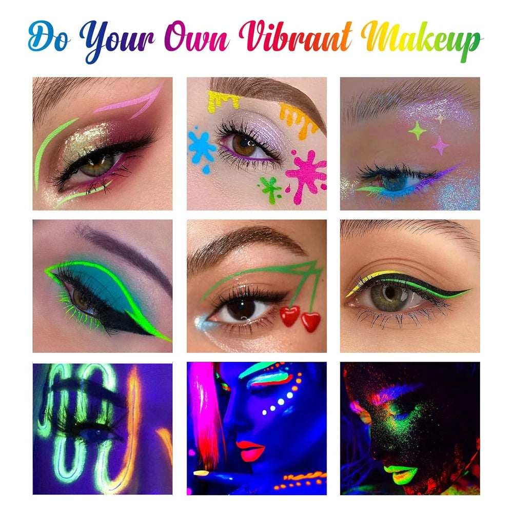 6Pcs Neon Fluorescent UV Glow Eyeliner, Waterproof Long Lasting Colorful Liquid Eye Liner, Rave Party Halloween Makeup Tools
