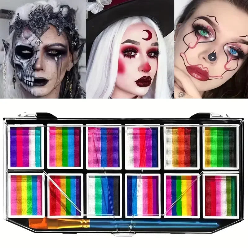 12-Color Rainbow Face and Body Paint Kit, Water-Soluble, Vibrant Palette with Brush for Halloween, Cosplay, Parties,Party Makeup