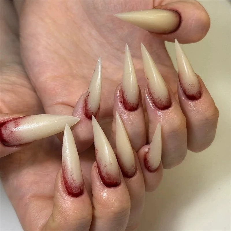 24Pcs Press‑on Nails Halloween Vampire Claw Blood Gradient Long Stiletto False Almond Nails Full Cover Nails For Cosplay Party
