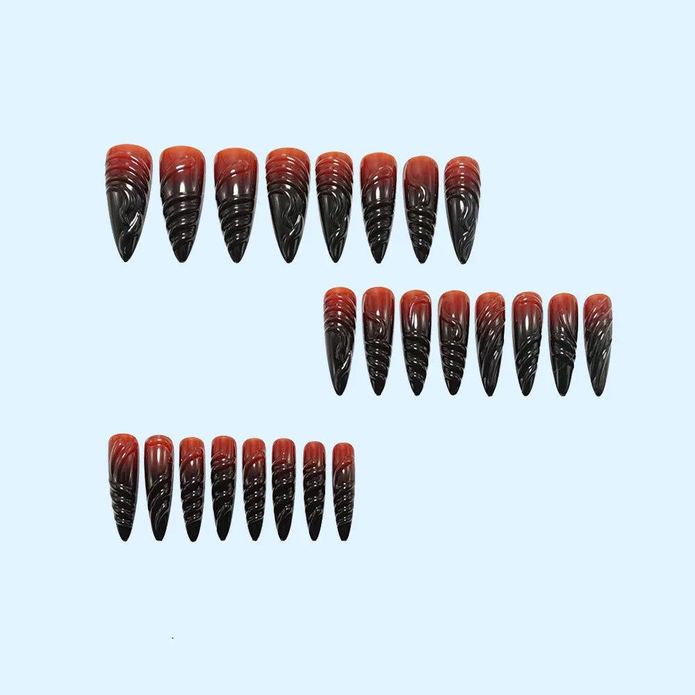 24pcs Halloween Black 3D Twisted Spiral Press On Nails Ombre Gradient Gothic Dark Fake Nail Long Stiletto False Nail for Women