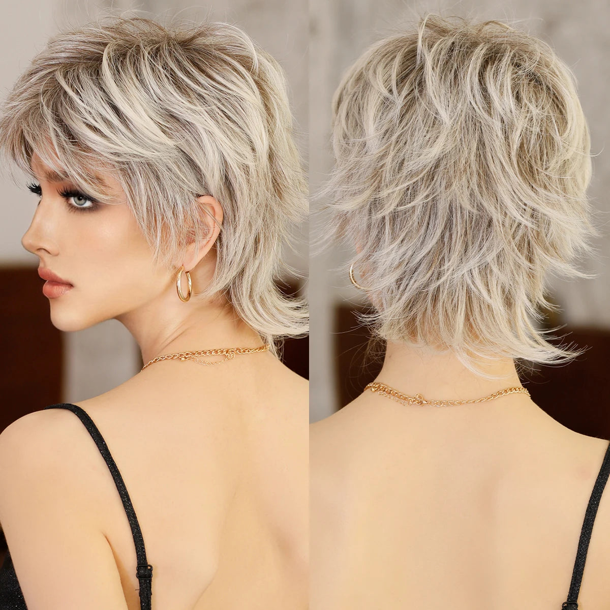 7JHH WIGS Ombre Black Blonde Bob Wig for Women Daily Party Synthetic Straight Short Hair Wig with Fluffy Bangs Pixie Cut Wigs