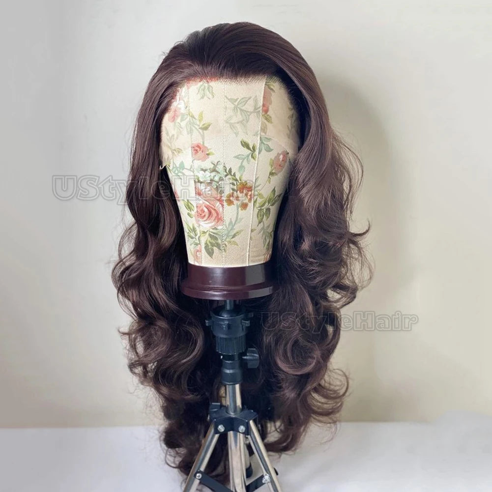 Brown Long Body Wave Wig 13x4 Lace Front Wigs for Women Heat Resistant Synthetic Hair Glueless Natural Hairline Wigs Daily Use