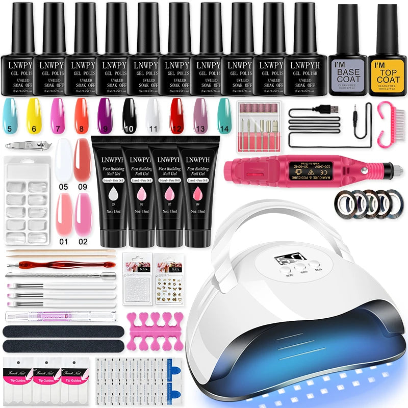 Poly Gel Extension Tool Set Professional Gel Nail Polish Kit With UV LED Nail Lamp Dryer And Electric Nail Drill Machine