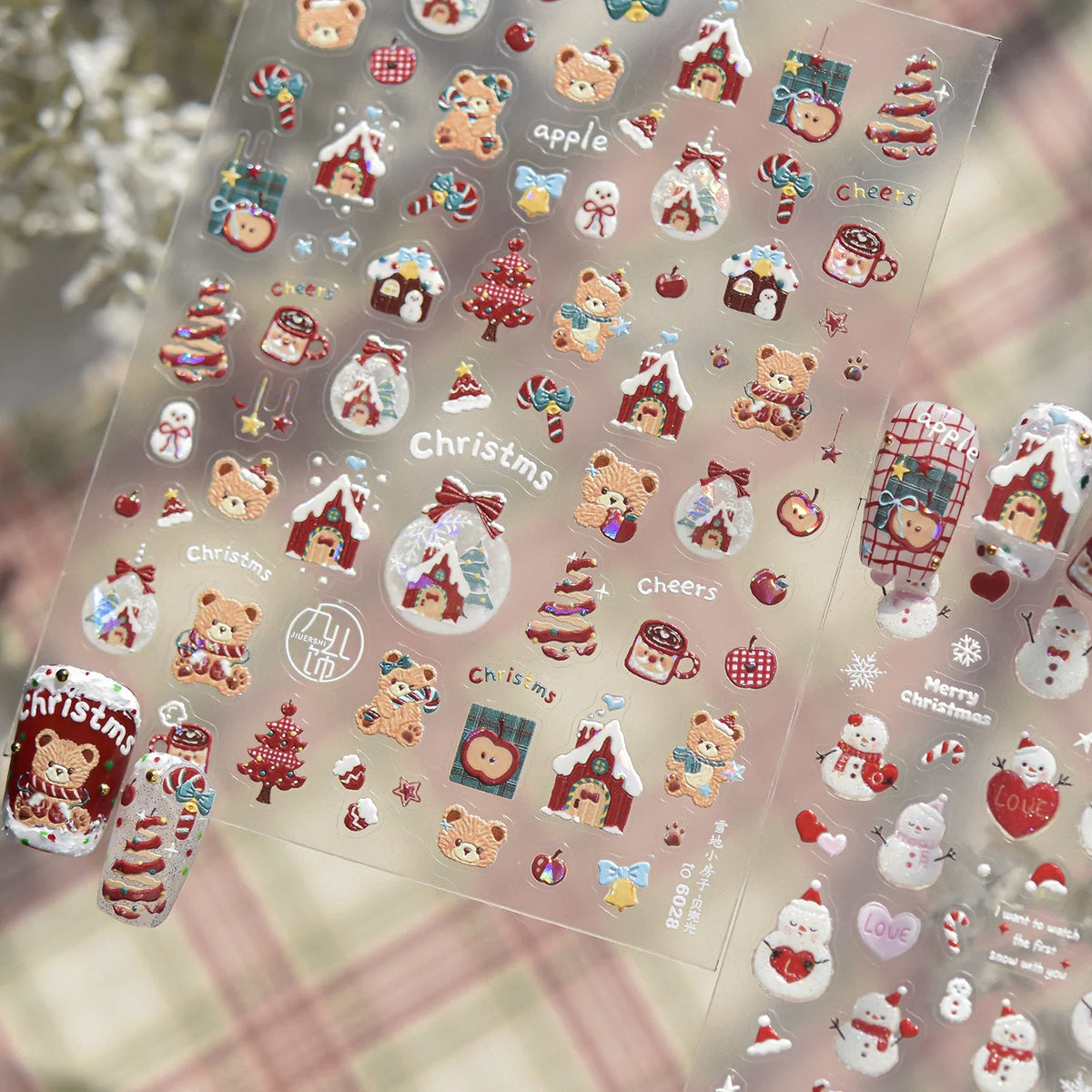 Glitter Red Hat Snowman Heart Snowflake Candy Cane Xmas 5D Nail Decals Winter Christmas Self-adhesive Nail Art Sticker Manicure