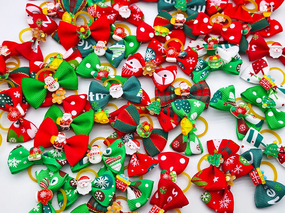 30Pcs Christmas Dog Hair Bows with Rubber Bands Santa Snowman Xmas Pet Grooming Accessories Yorkshire Puppy Holiday Party Decor