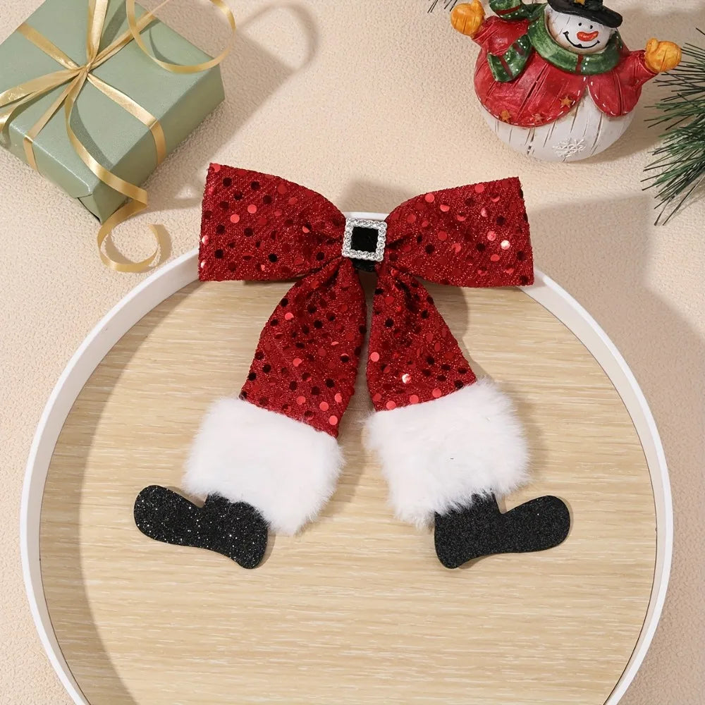 Red Christmas Bow Hair Clip for Party Santa Claus Belt And Shoes Themed Bow Hair Barrette  Hair Accessory for Xmas Christmas Eve