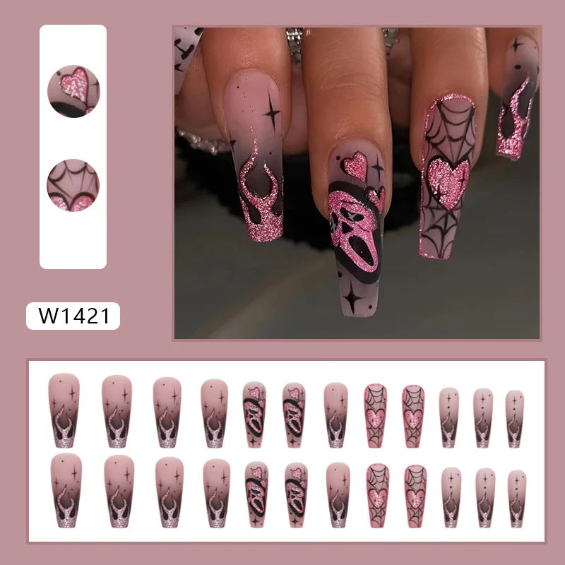 24pcs Glitter Pink Sequins Fake Nails 2026 Halloween Scary Skull Love Print False Nails Wearable European Ballet Press on Nails