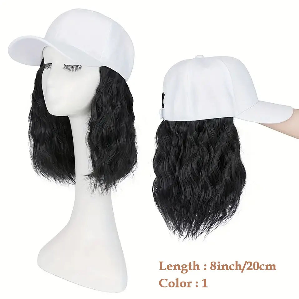 8" Short Wave Baseball Cap Wigs with Curly Hair Extensions for Women Daily Wear Synthetic Wave Adjustable Baseball Hat Wigs