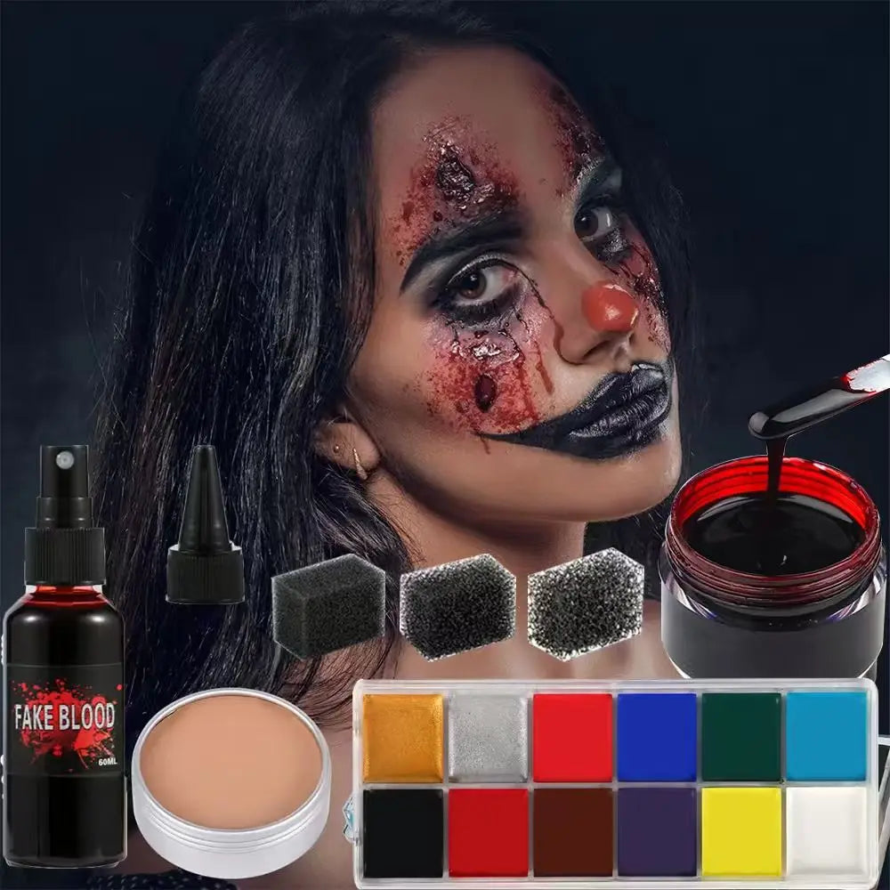 Special Effects SFX Halloween Makeup Kit - 12 Colors Face Body Paint Palette + Scar Wax with Spatula Tool + Fake Blood+Spong