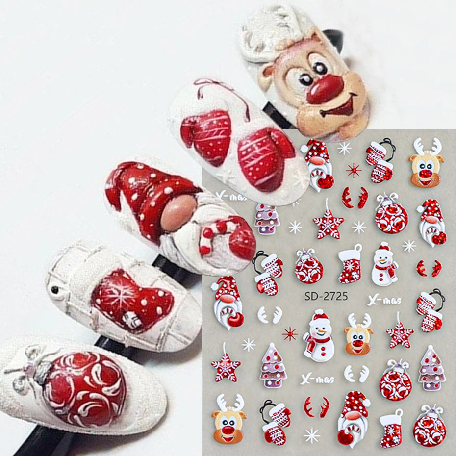 2 pcs Christmas Series Nail Stickers Cartoon Santa Claus Snowman Deer Bear Penguin Nail Decals Winter Xmas Holiday Nail Supplies