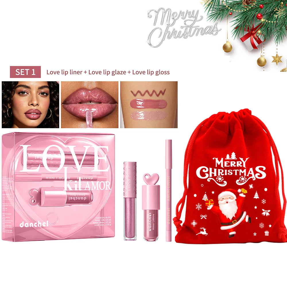 Christmas Gift For Women Lip Makeup Set 3Pcs Lip Cosmetic Kit Heart Shape Plumper Lip Gloss Lip Line Longwear Hydratin